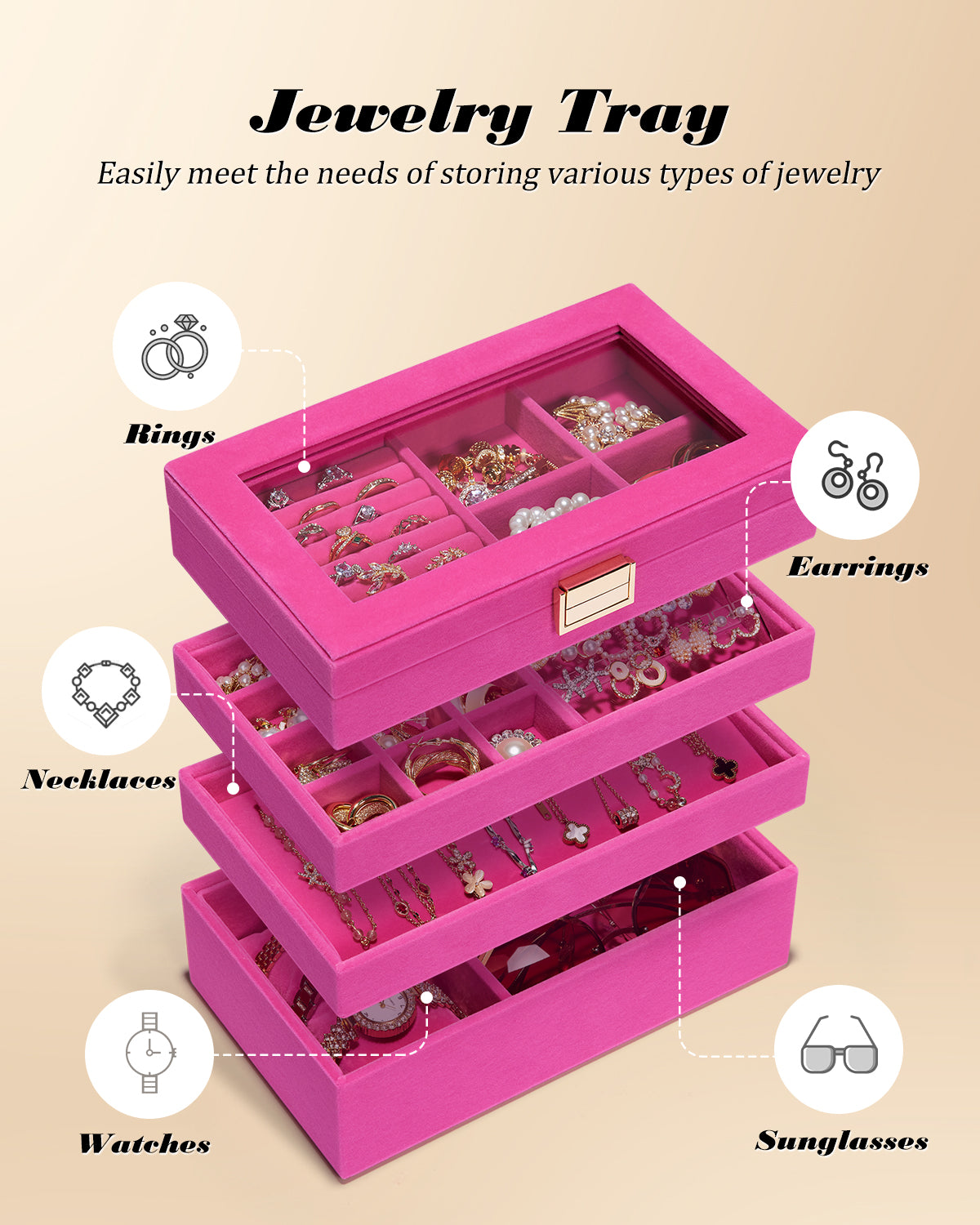 Jewelry Tray | Stackable Jewelry Box | Drawer Jewelry Organizer | with Glass Lid, Removable Dividers for Vanity Table | Gift Idea for Girls and Women