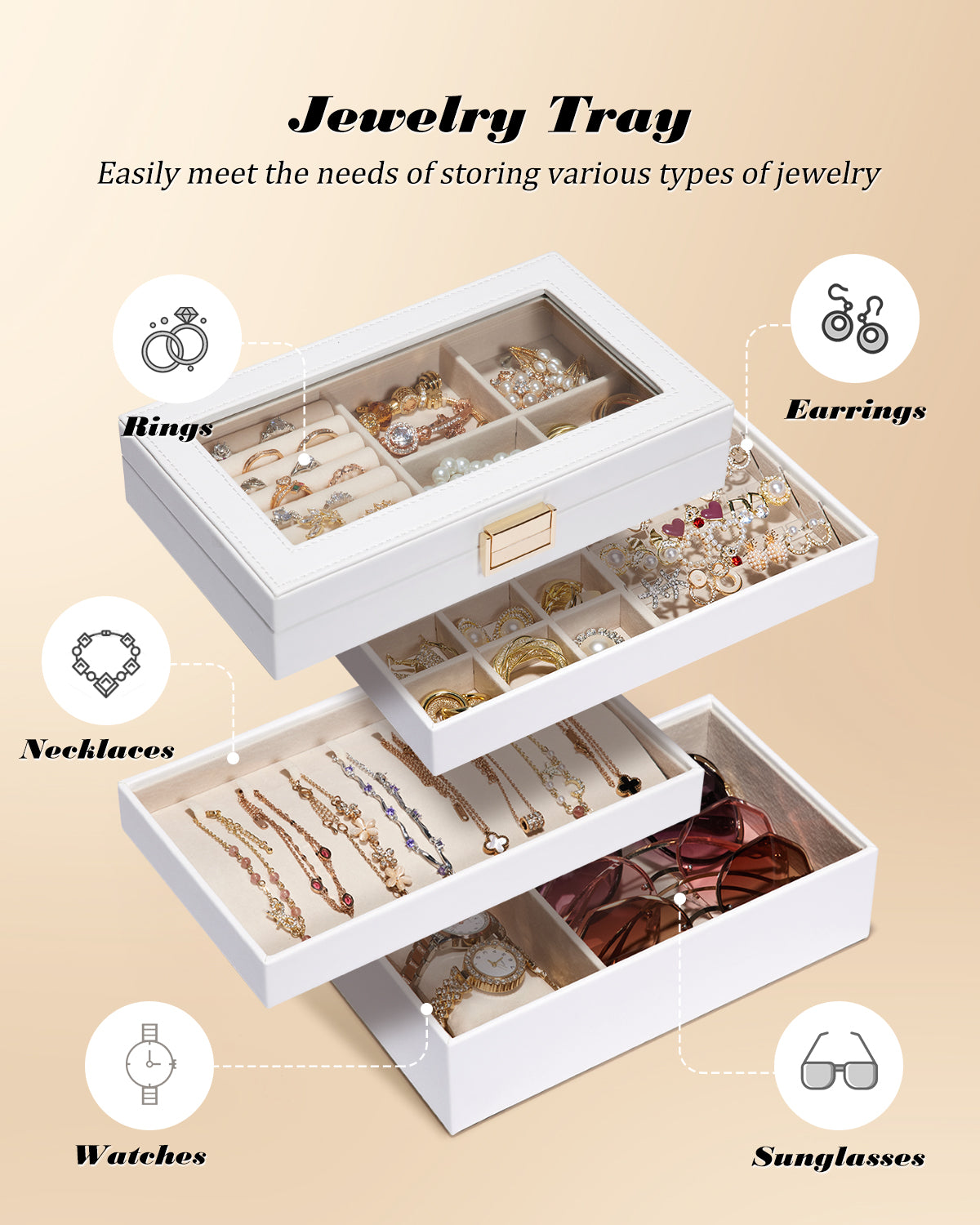 Jewelry Tray | Stackable Jewelry Box | Drawer Jewelry Organizer | with Glass Lid, Removable Dividers for Vanity Table | Gift Idea for Girls and Women