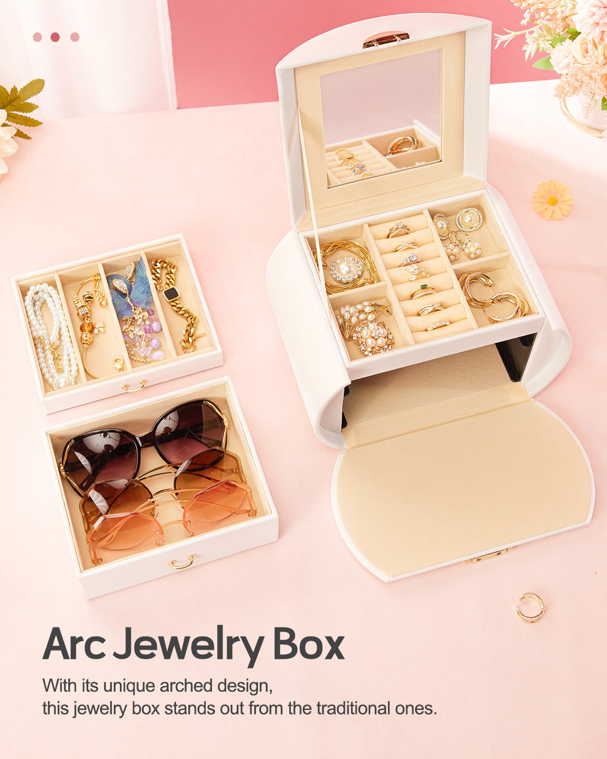 Girls Jewelry Box Jewelry Storage Case Organizer with Mirror for Rings, Earrings, Bracelets, Necklaces