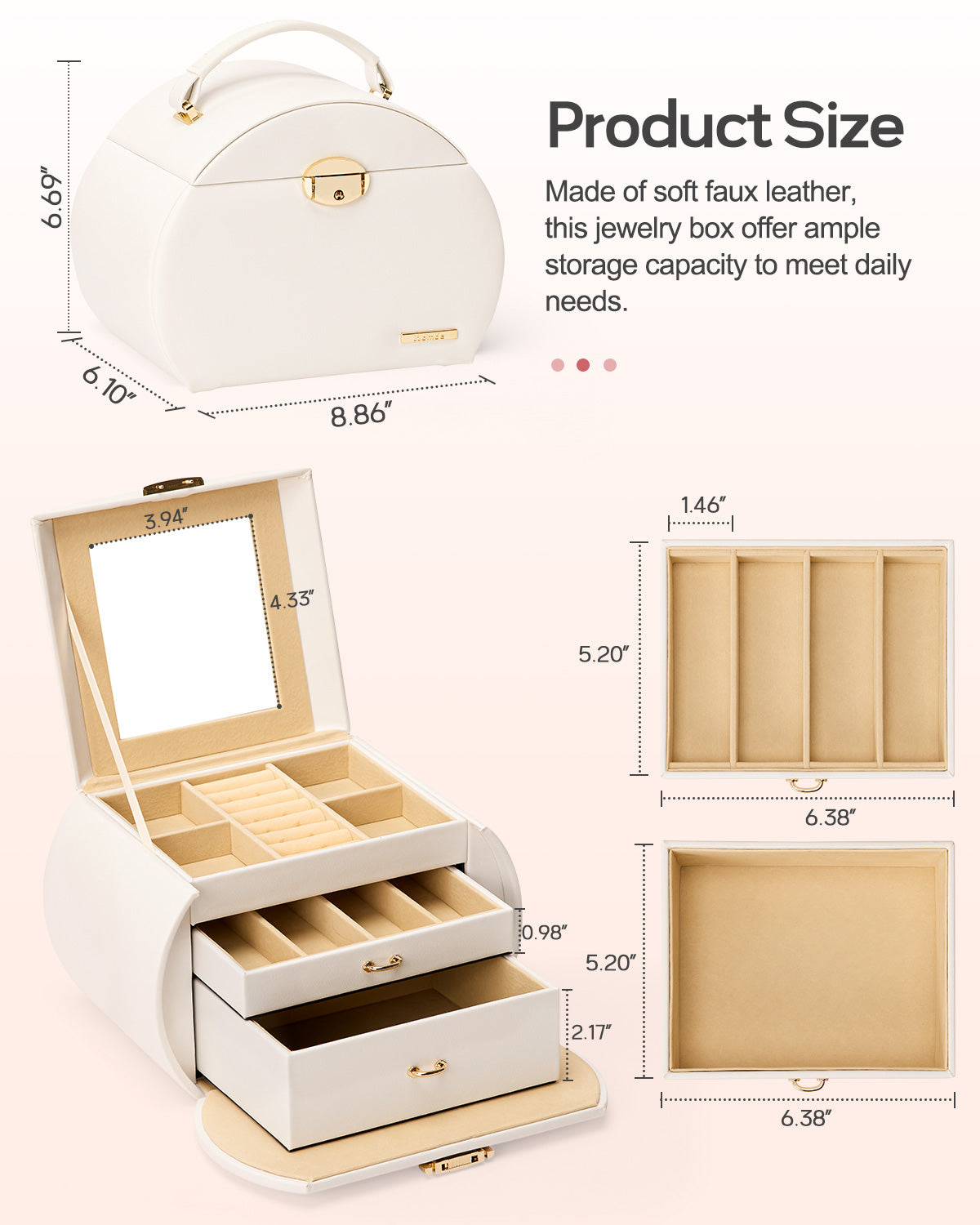 Girls Jewelry Box Jewelry Storage Case Organizer with Mirror for Rings, Earrings, Bracelets, Necklaces