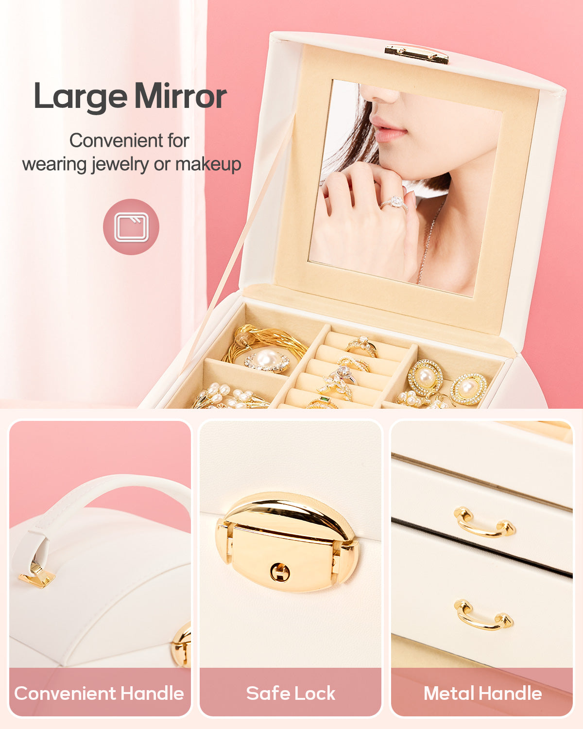 Girls Jewelry Box Jewelry Storage Case Organizer with Mirror for Rings, Earrings, Bracelets, Necklaces