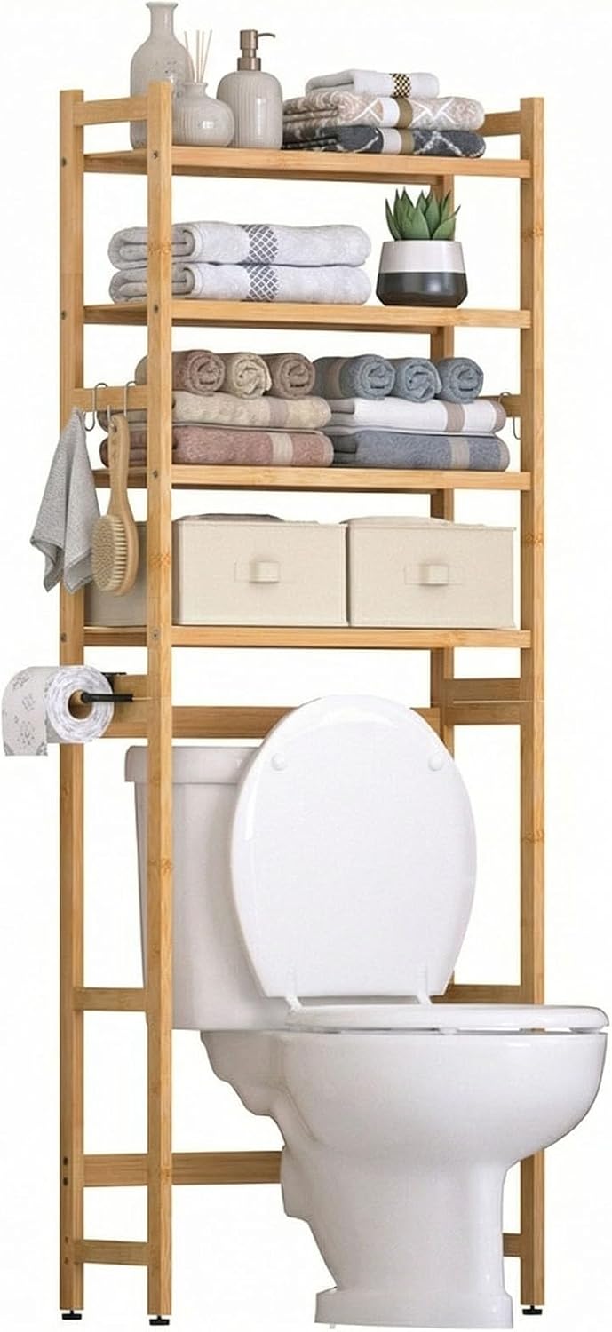 Homde Over The Toilet Storage Rack with Basket and Drawer, Adjustable 4-Tier Bamboo