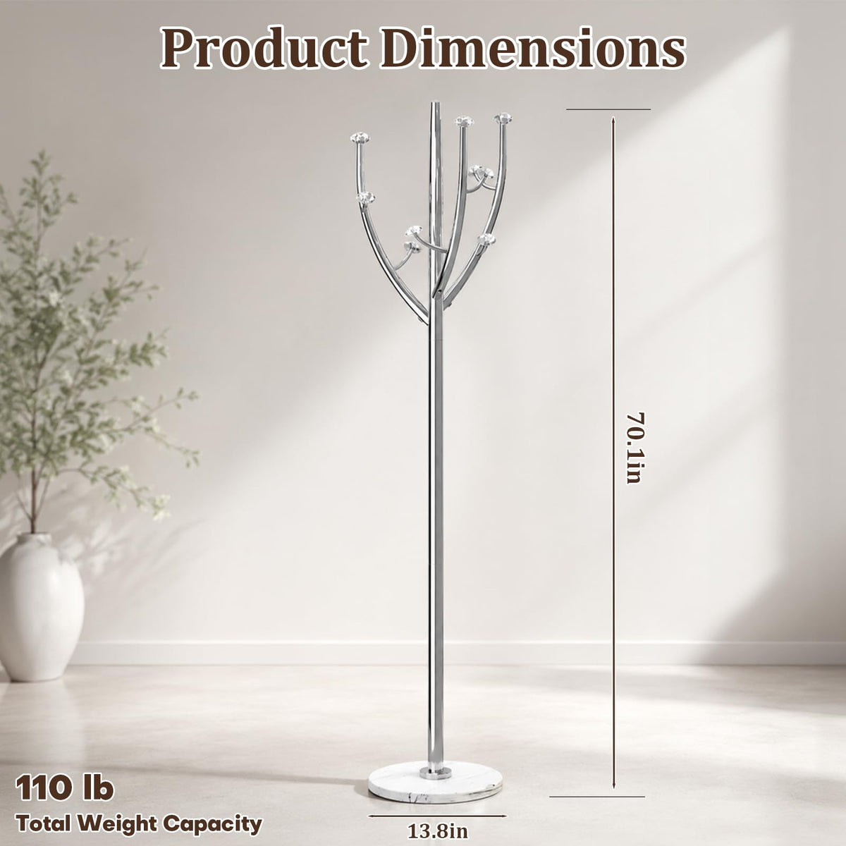 Homde Metal Coat Rack Stand with Natural Marble Base and 8 Hooks