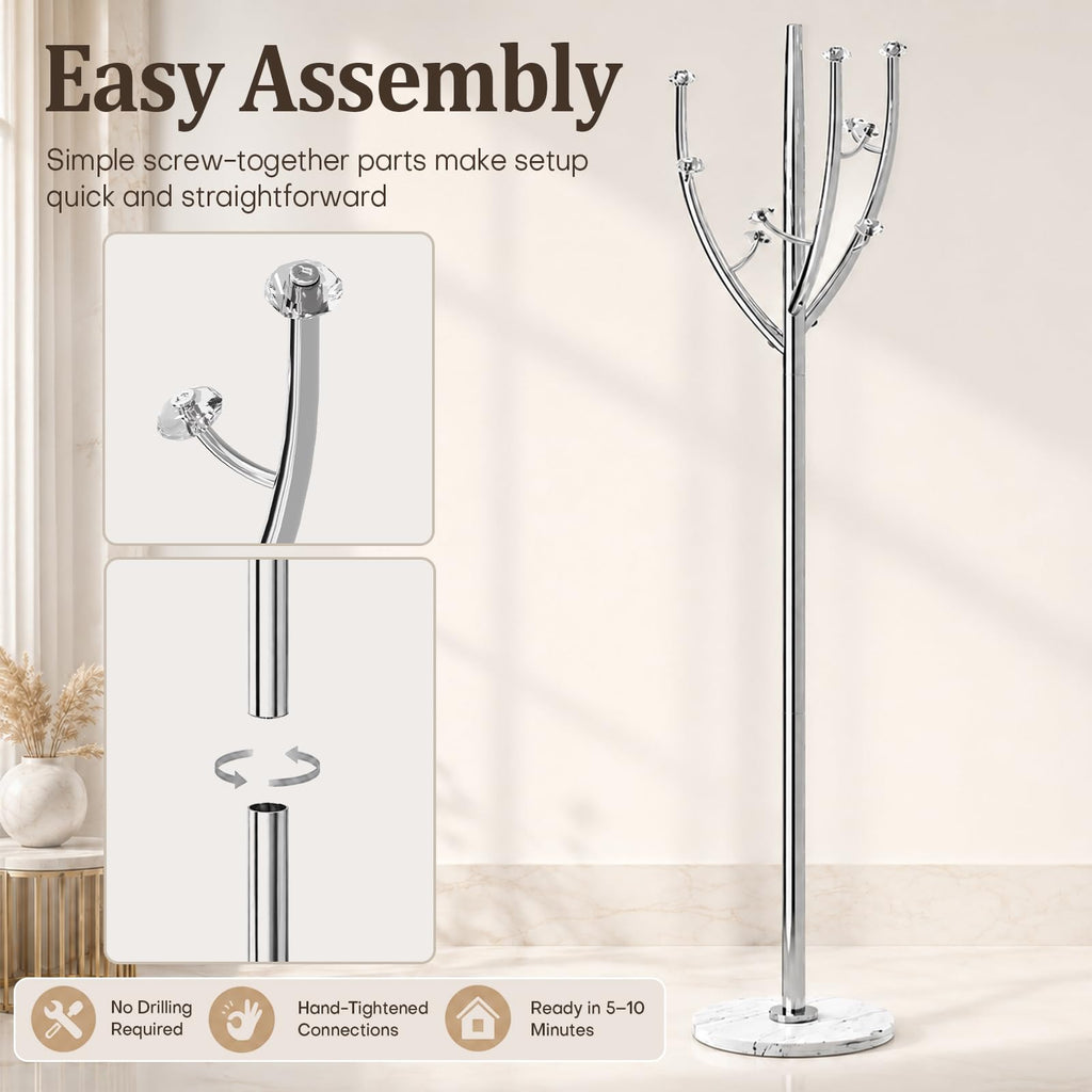 Homde Metal Coat Rack Stand with Natural Marble Base and 8 Hooks
