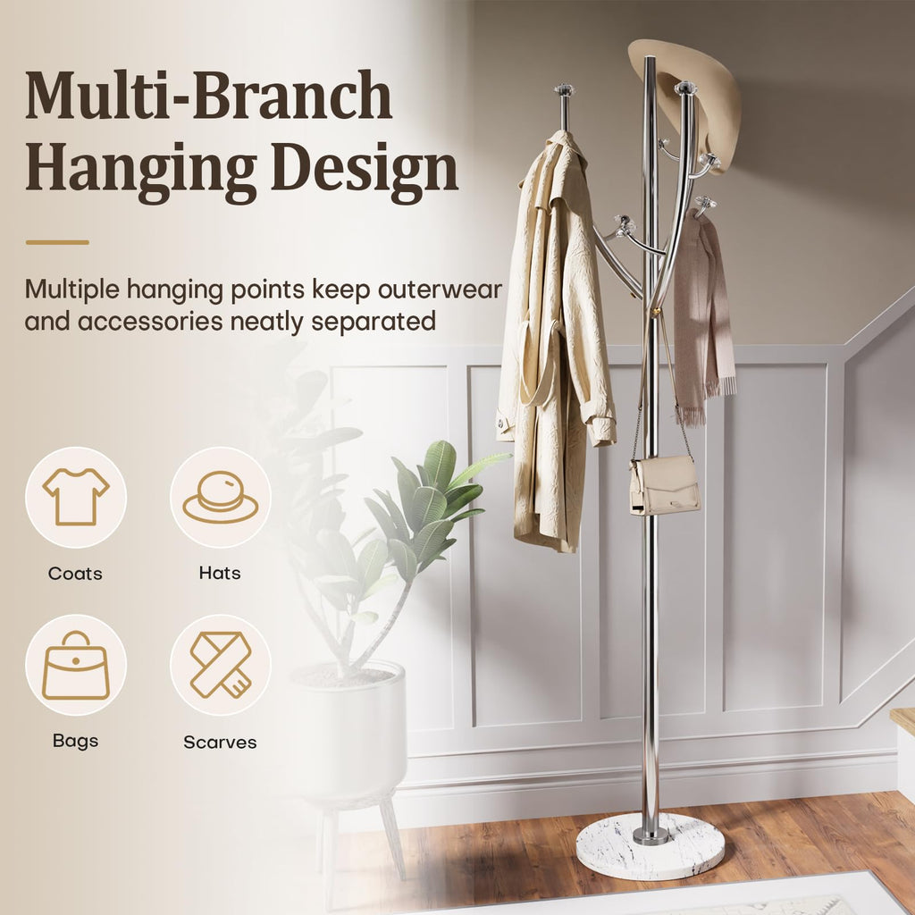 Homde Metal Coat Rack Stand with Natural Marble Base and 8 Hooks