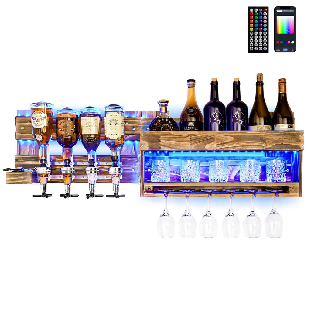 Homde Wall Mounted Wood Wine Rack with Glass Holder and Liquor Dispenser-Homde