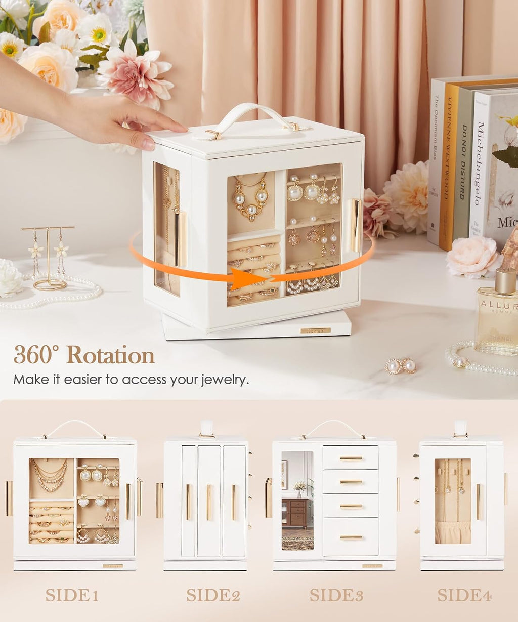 Homde 360° Rotating Jewelry Box with Mirror, 7 Drawers and Necklace Hooks