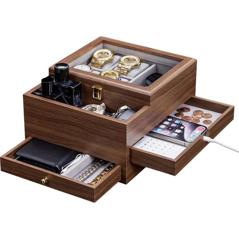 Homde Men’s Watch Box with Glass Lid, 4 Watch Pillows and 2 Drawers-Homde