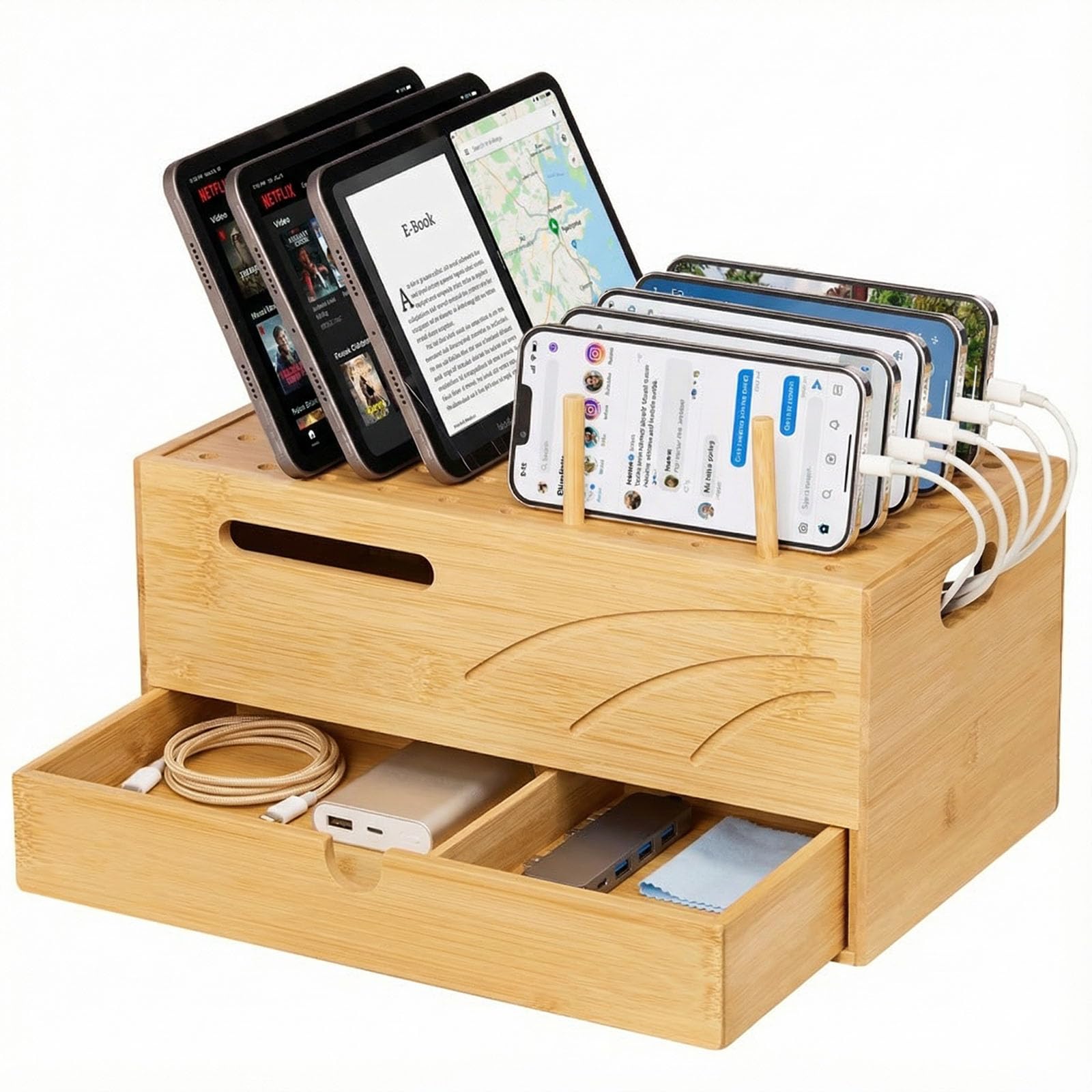 Homde Bamboo Charging Station Organizer with Drawer for Multiple Devices-Homde