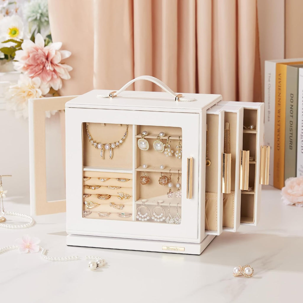Homde 360° Rotating Jewelry Box with Mirror, 7 Drawers and Necklace Hooks