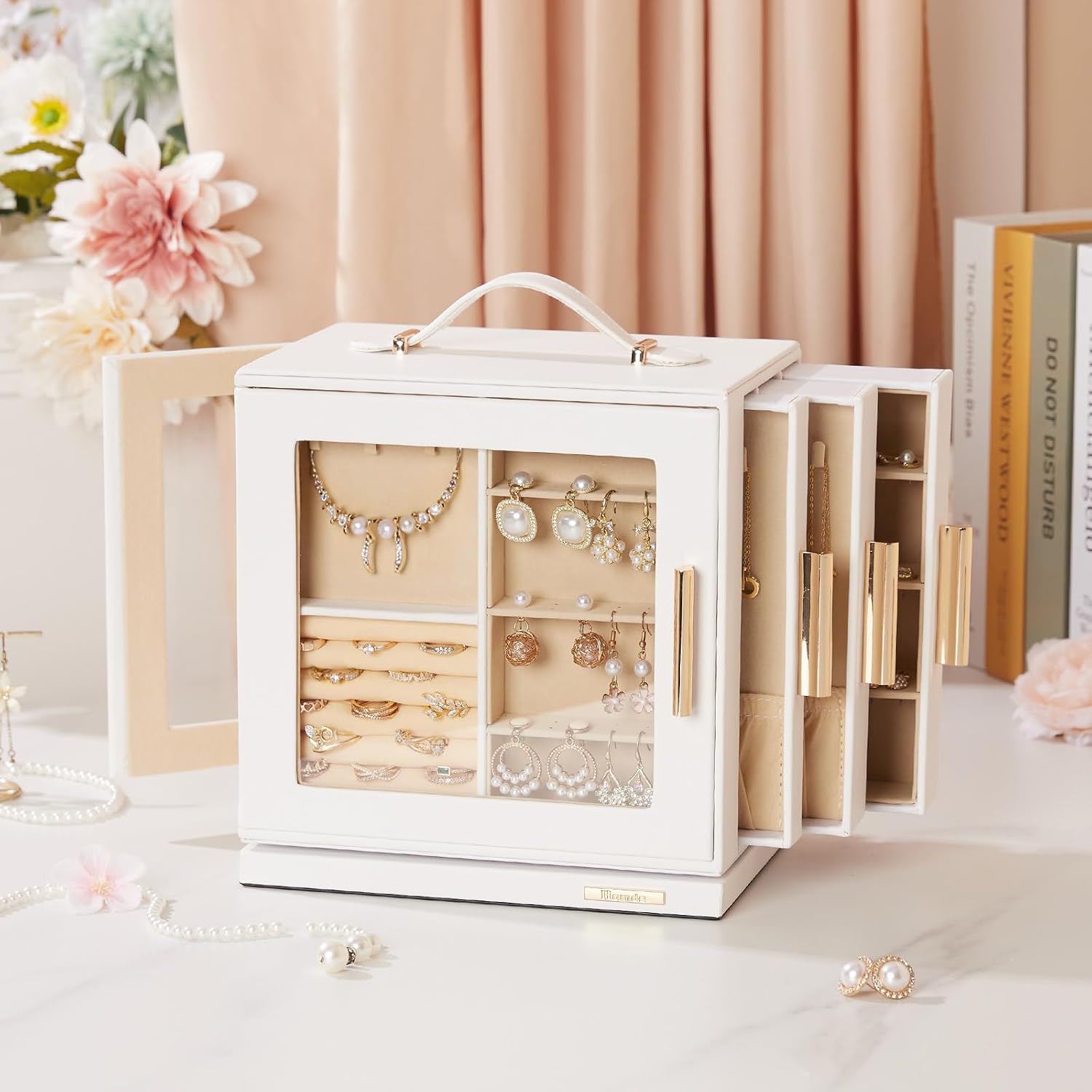 Homde 360° Rotating Jewelry Box with Mirror, 7 Drawers and Necklace Hooks