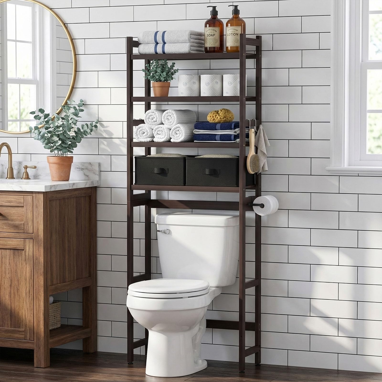 Homde Over The Toilet Storage Rack with Basket and Drawer, Adjustable 4-Tier Bamboo