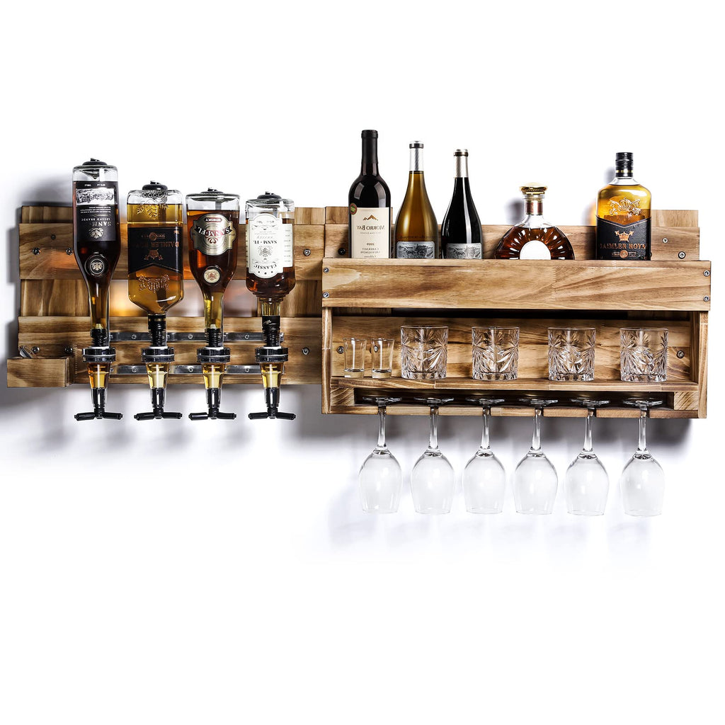 Homde Wall Mounted Wood Wine Rack with Glass Holder and Liquor Dispenser-Homde