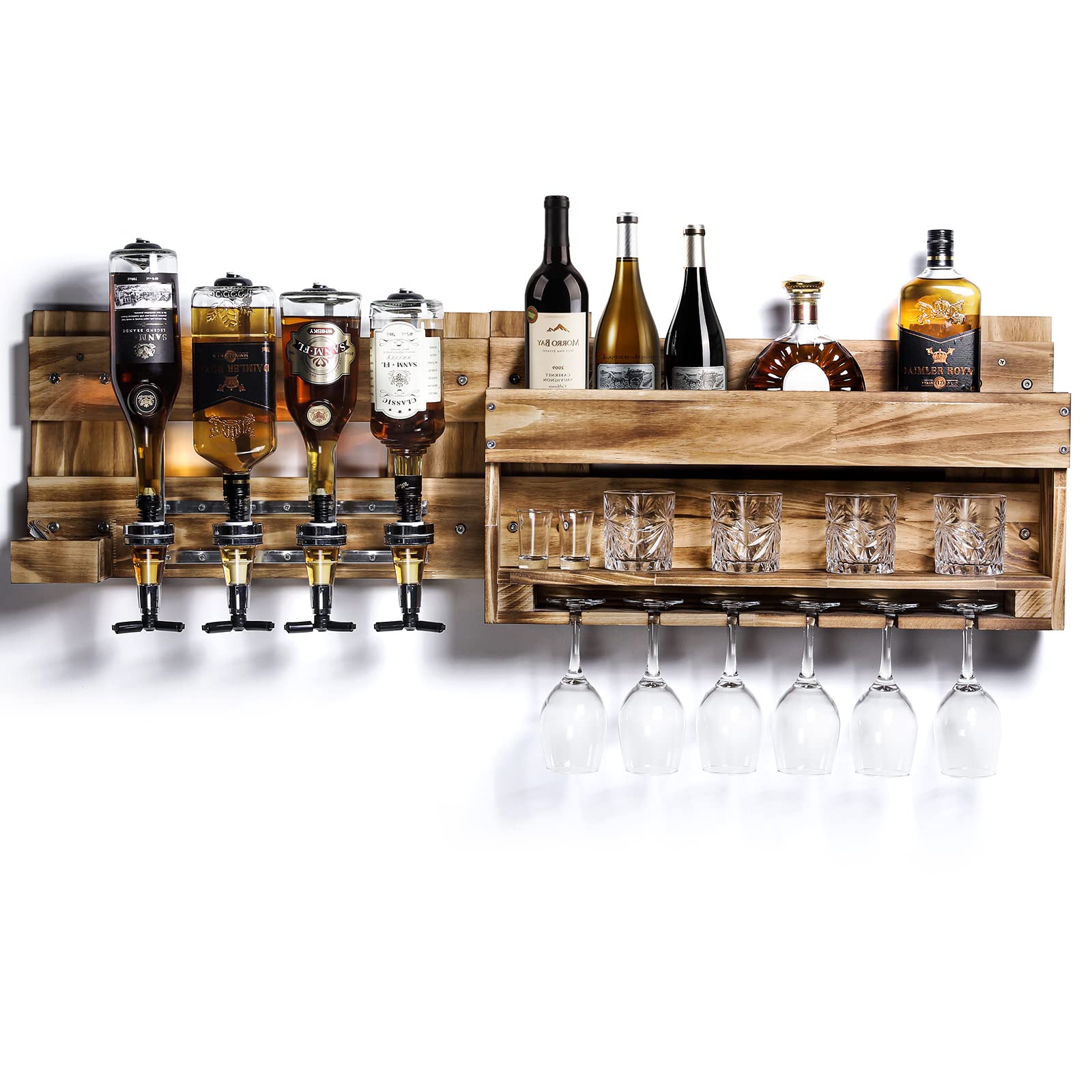 Homde Wall Mounted Wood Wine Rack with Glass Holder and Liquor Dispenser-Homde