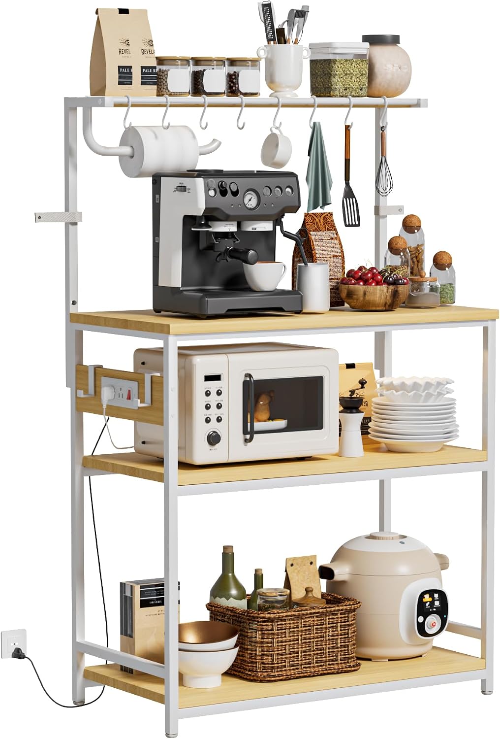 Homde Bakers Rack with Power Outlet: Adjustable 4-Tier Stand (Light Wood)