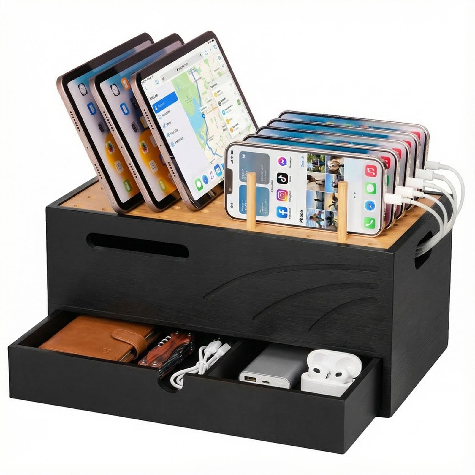Homde Bamboo Charging Station Organizer with Drawer for Multiple Devices-Homde
