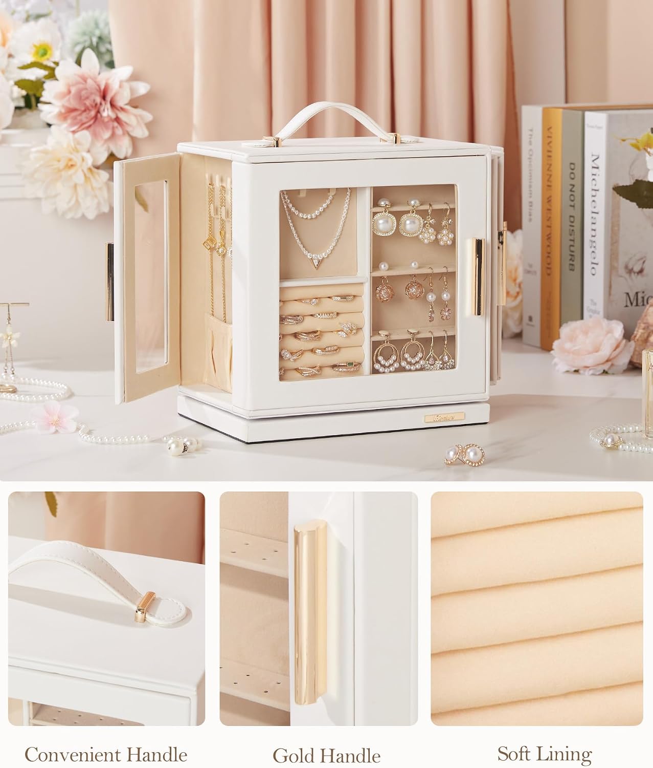 Homde 360° Rotating Jewelry Box with Mirror, 7 Drawers and Necklace Hooks