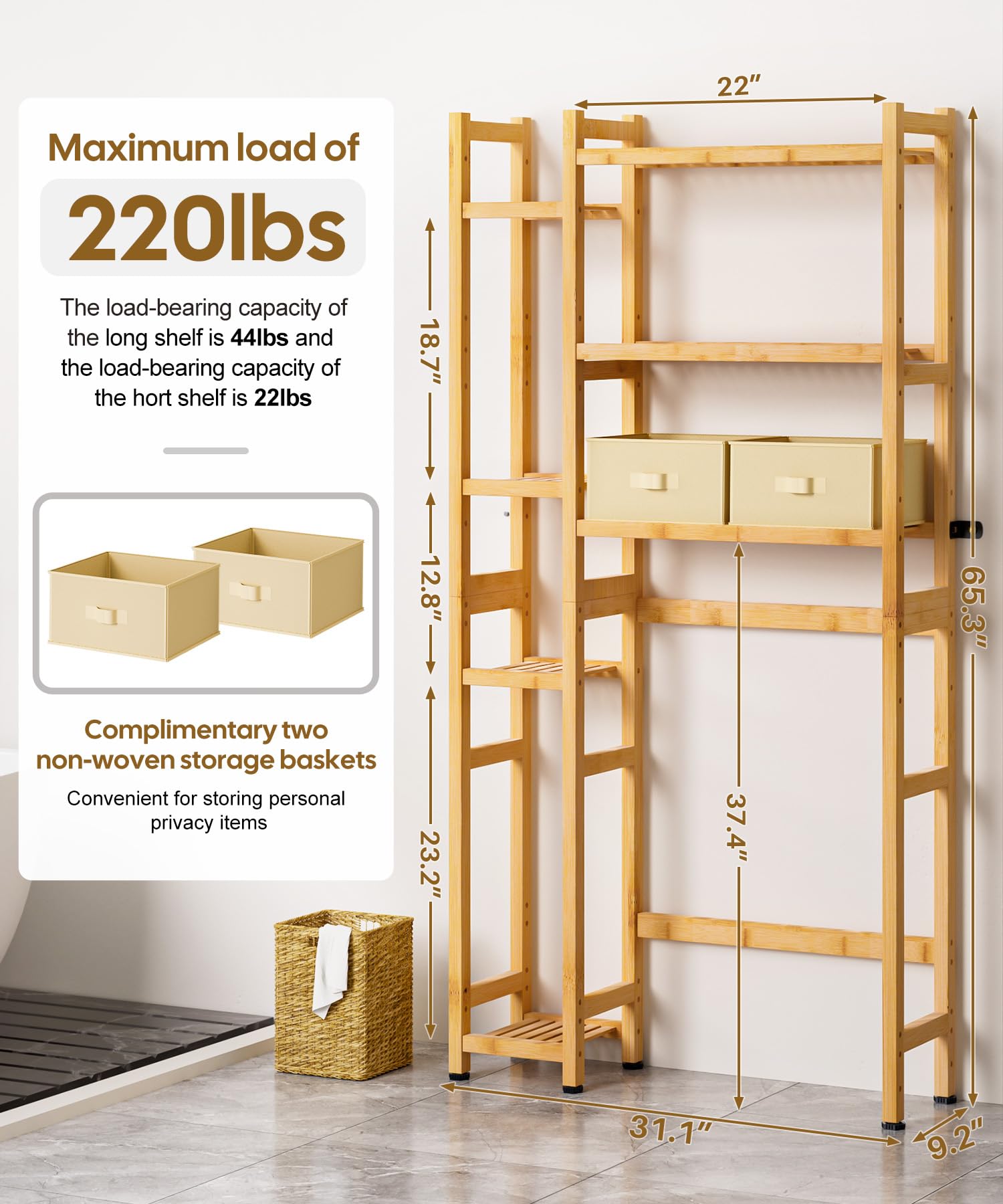 Homde Bamboo Over-the-Toilet Storage Rack with 2 Baskets and Adjustable Shelf-Homde