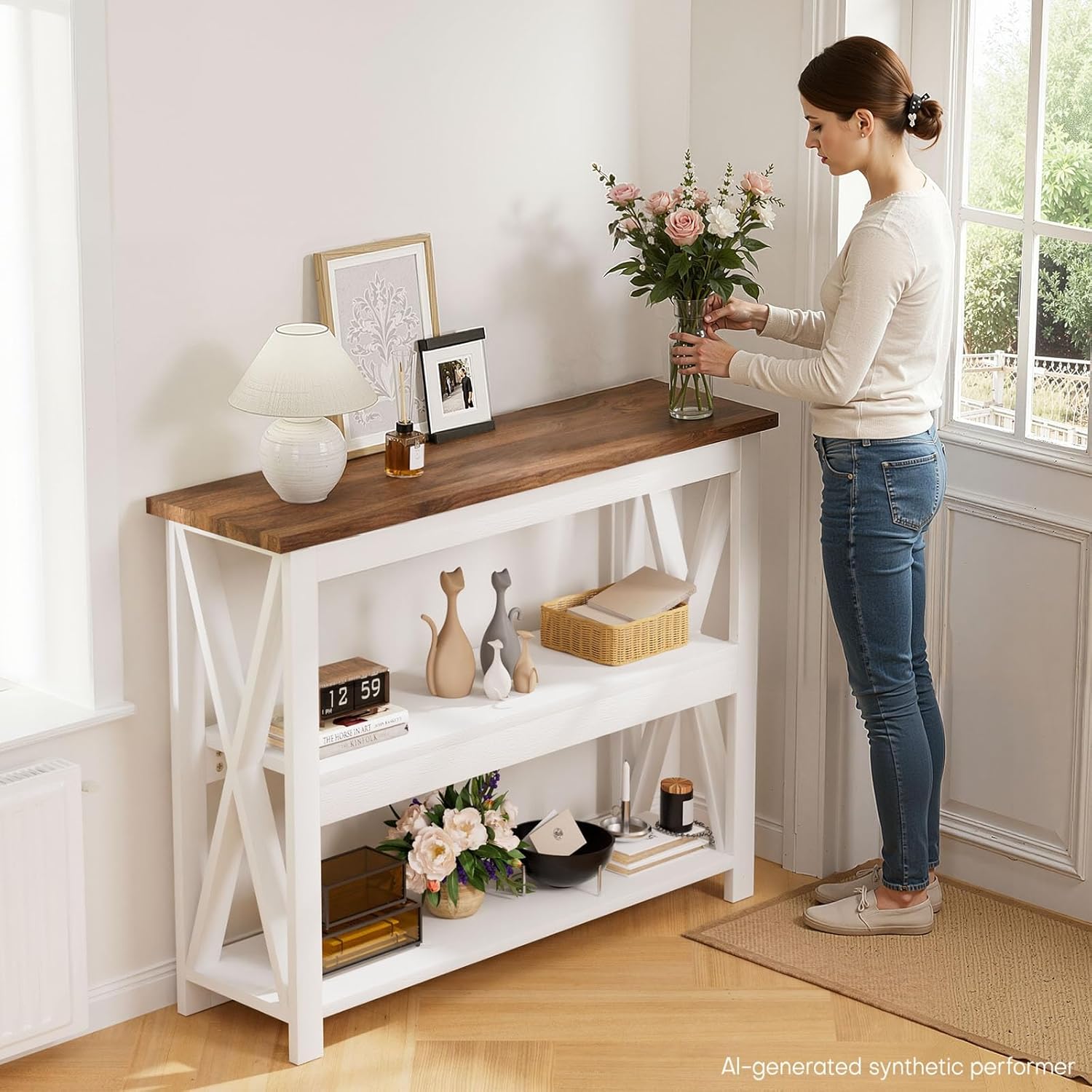 3-Tier Wood Entryway Table, 41" Narrow Console Table-Homde