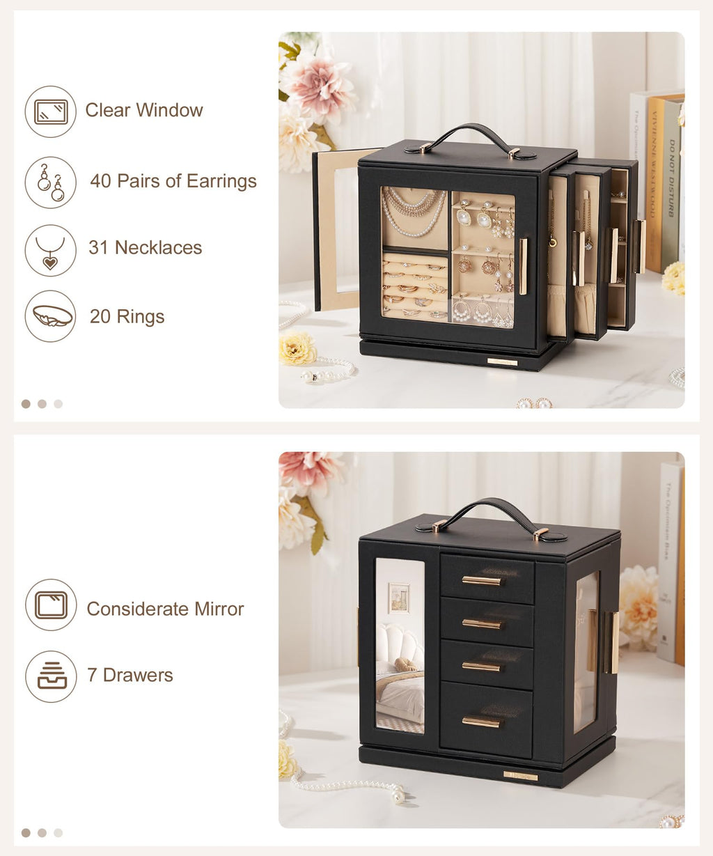 Homde 360° Rotating Jewelry Box with Mirror, 7 Drawers and Necklace Hooks
