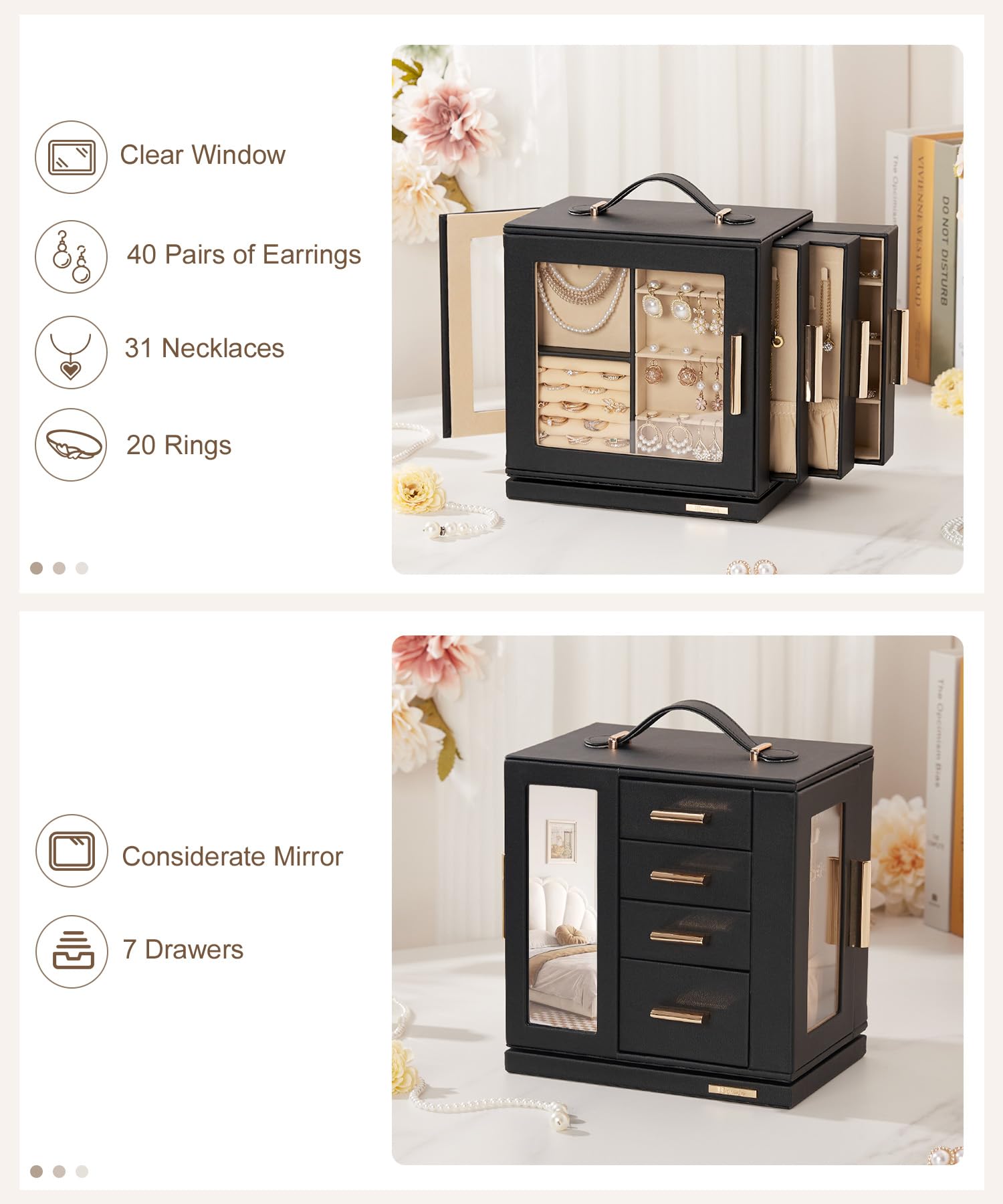Homde 360° Rotating Jewelry Box with Mirror, 7 Drawers and Necklace Hooks