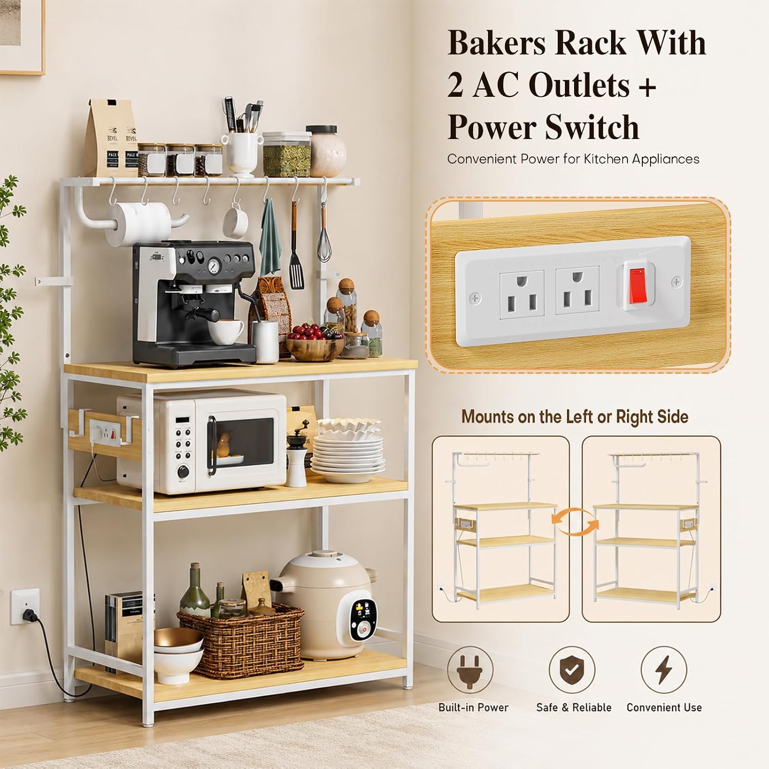 Homde Bakers Rack with Power Outlet: Adjustable 4-Tier Stand (Light Wood)