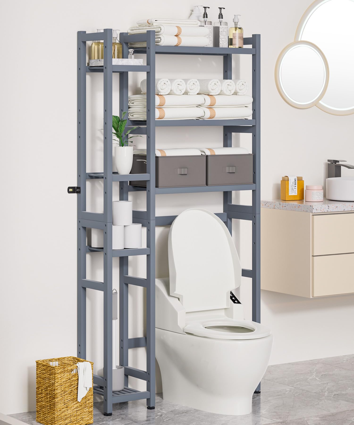 Homde Bamboo Over-the-Toilet Storage Rack with 2 Baskets and Adjustable Shelf-Homde