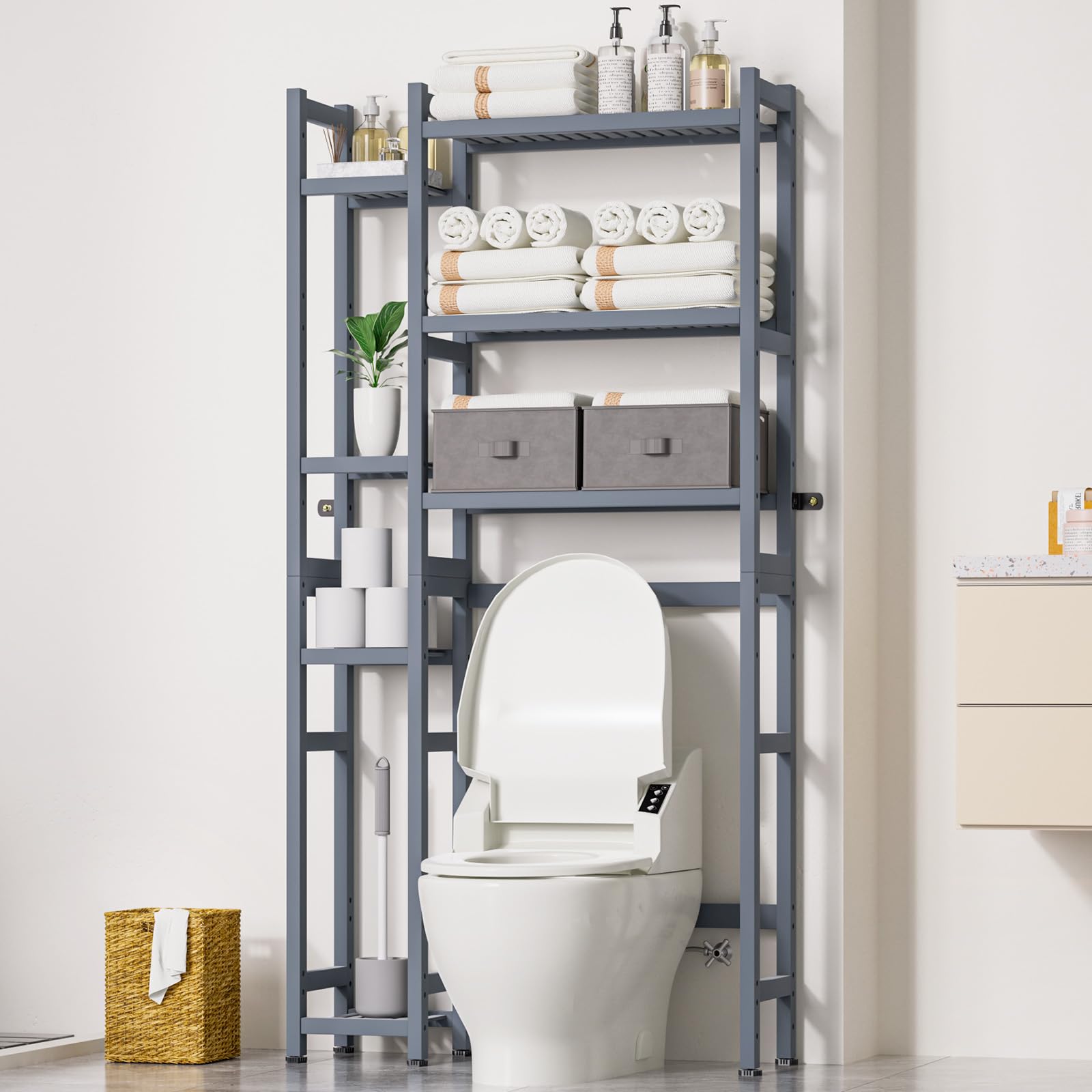 Homde Bamboo Over-the-Toilet Storage Rack with 2 Baskets and Adjustable Shelf-Homde