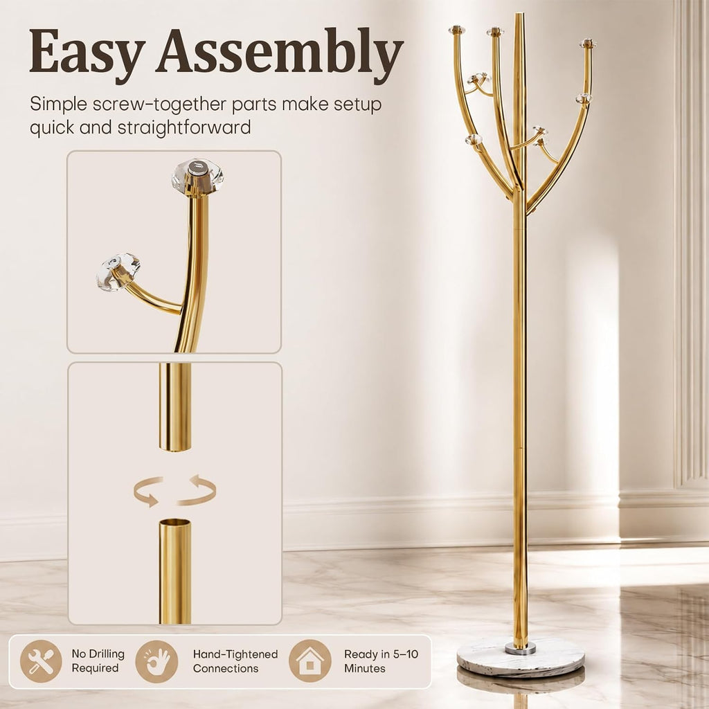Homde Metal Coat Rack Stand with Natural Marble Base and 8 Hooks