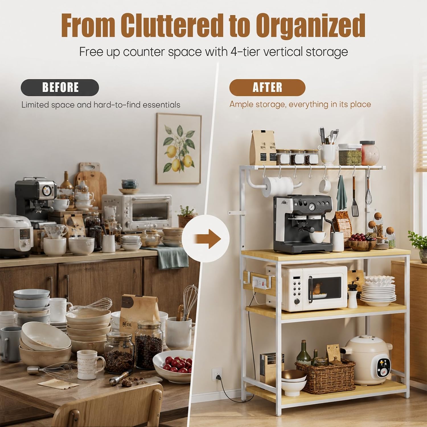 Homde Bakers Rack with Power Outlet: Adjustable 4-Tier Stand (Light Wood)