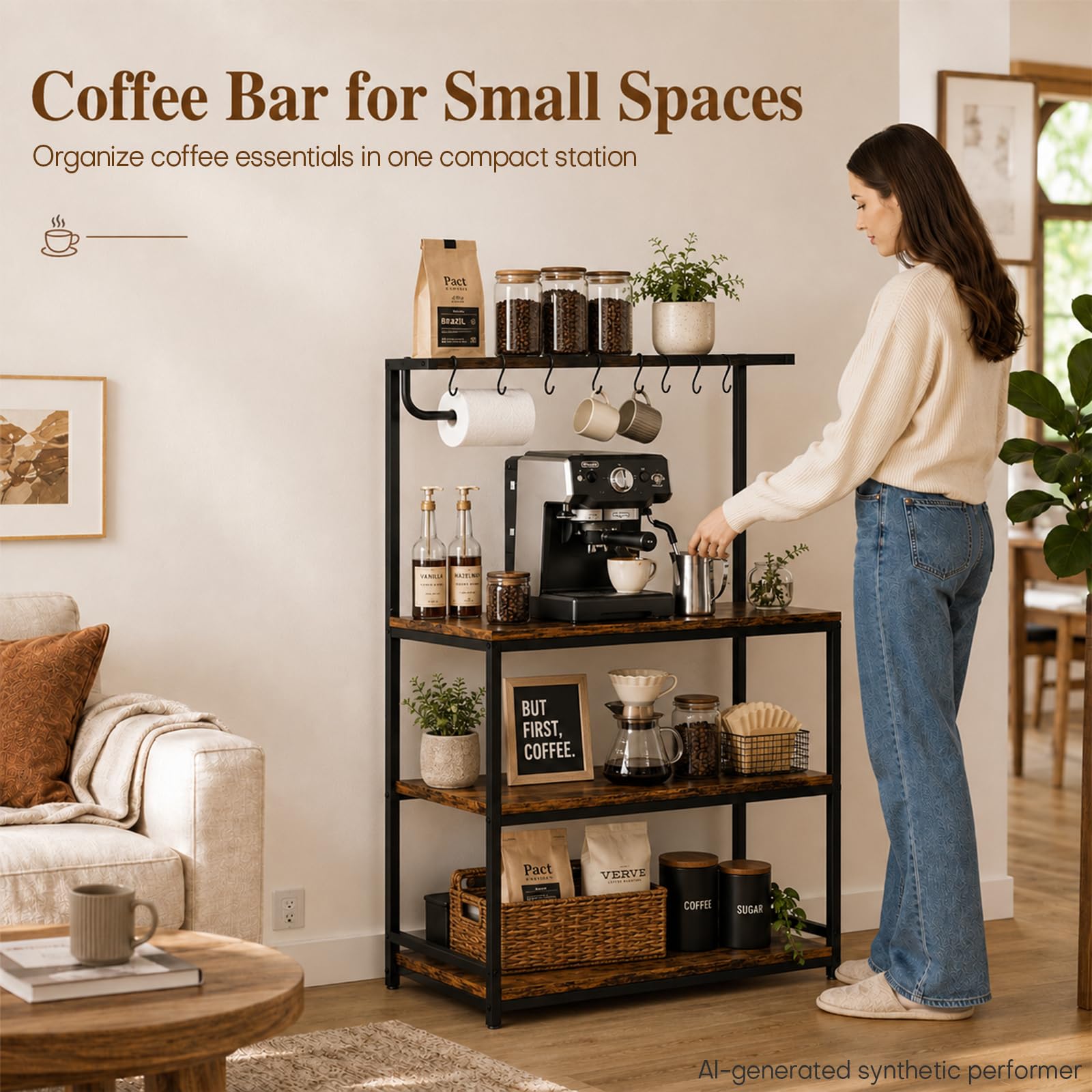 Homde Bakers Rack with Power Outlet: Adjustable 4-Tier Stand (Light Wood)