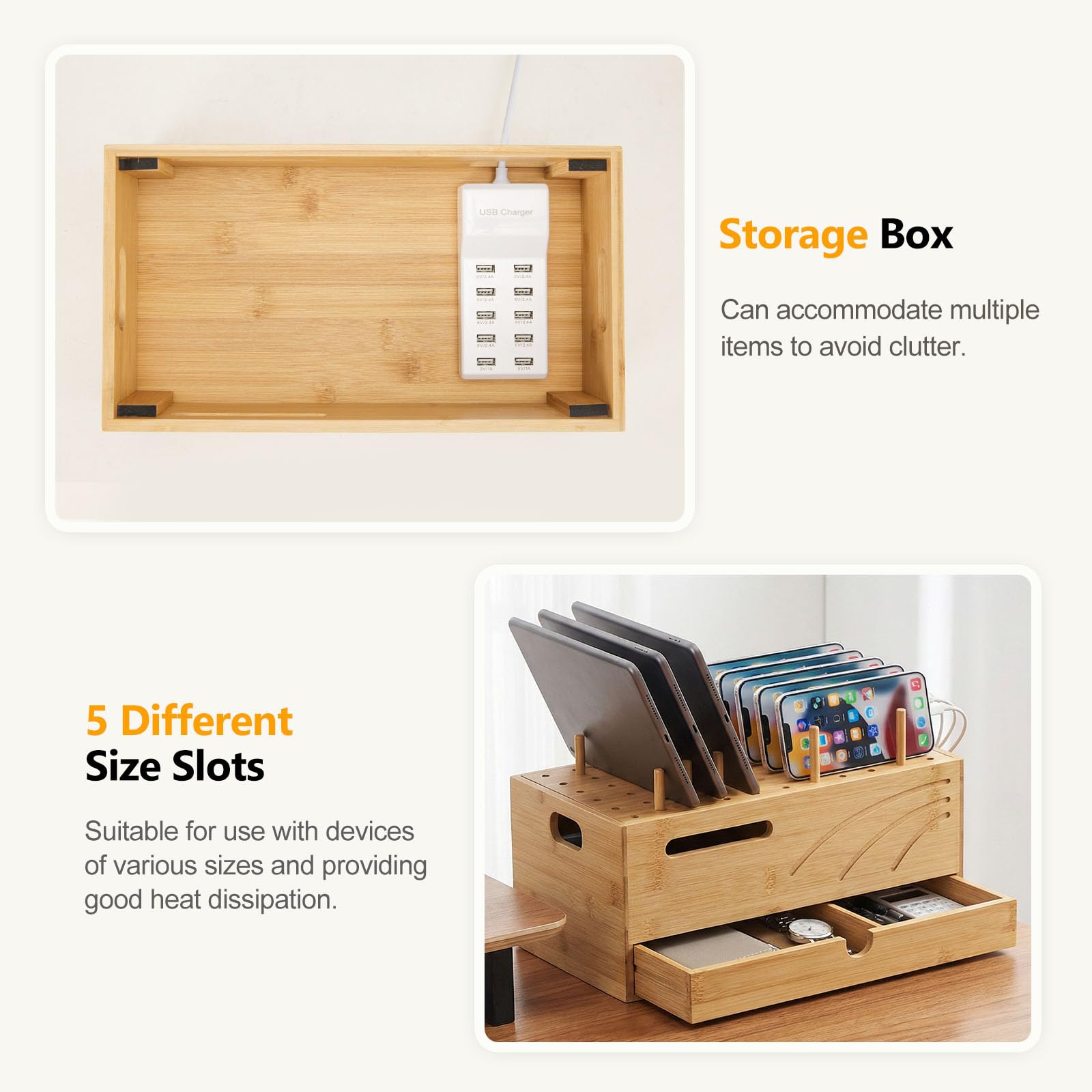 Homde Bamboo Charging Station Organizer with Drawer for Multiple Devices-Homde