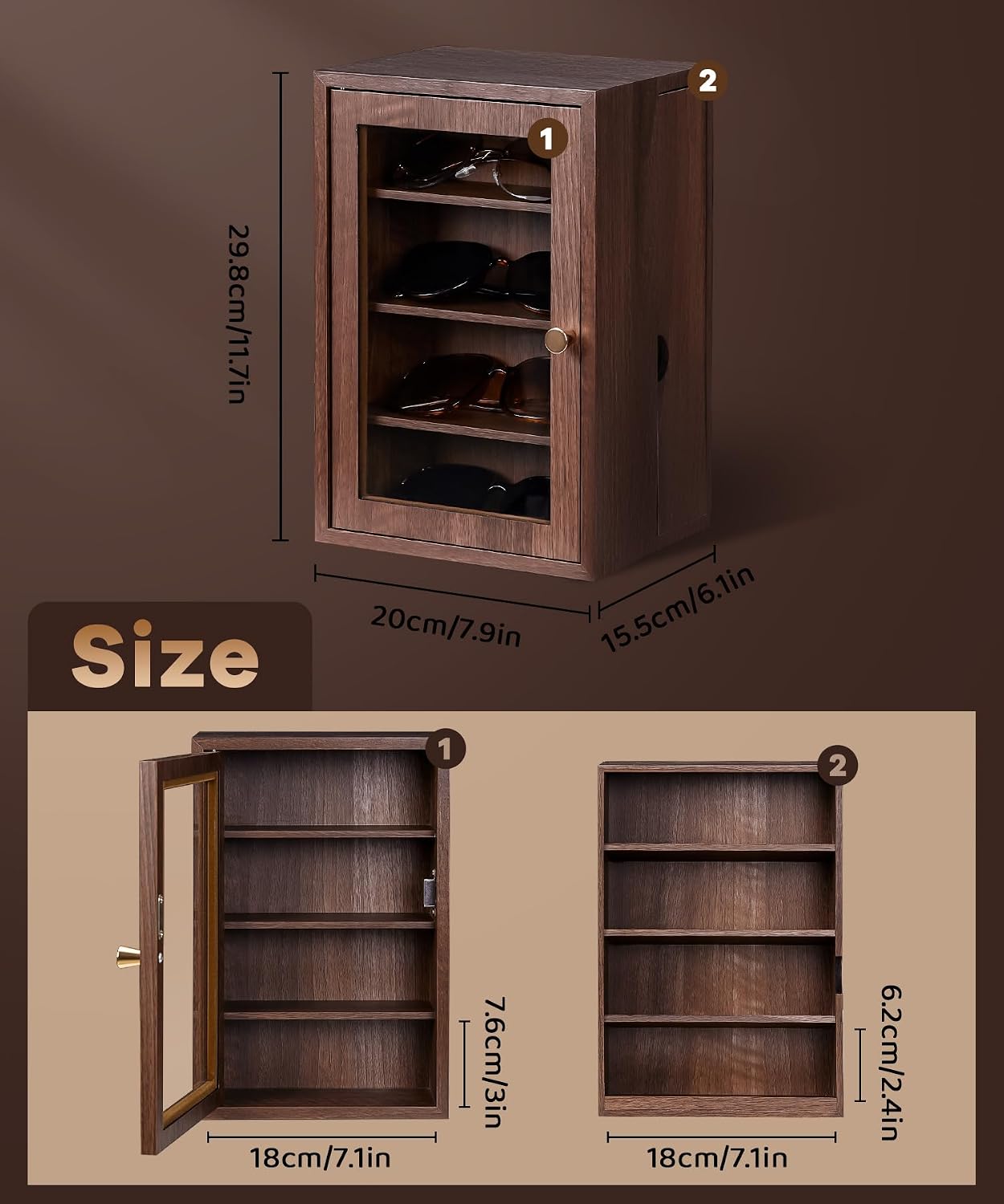 Homde Wooden Sunglass Organizer with Drawer and Clear Window-Homde