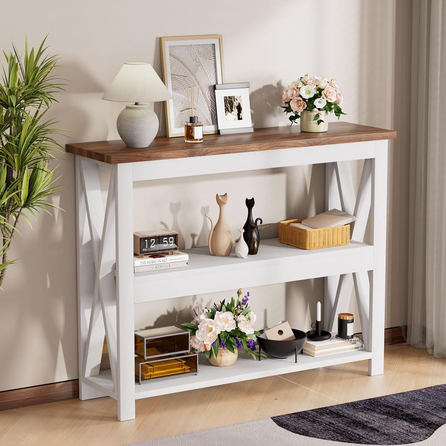 3-Tier Wood Entryway Table, 41" Narrow Console Table-Homde