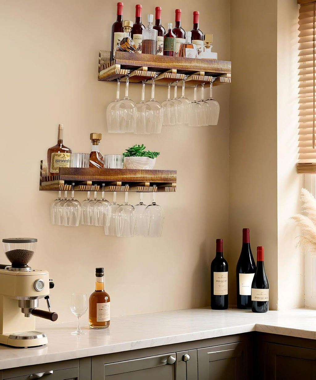 Homde 2-Pack Wall Mounted Wood Wine Rack with Glass Holder-Homde