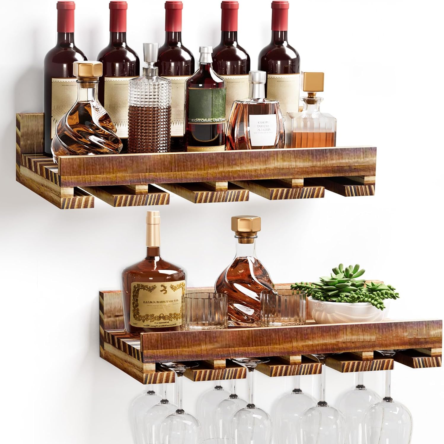 Homde 2-Pack Wall Mounted Wood Wine Rack with Glass Holder-Homde