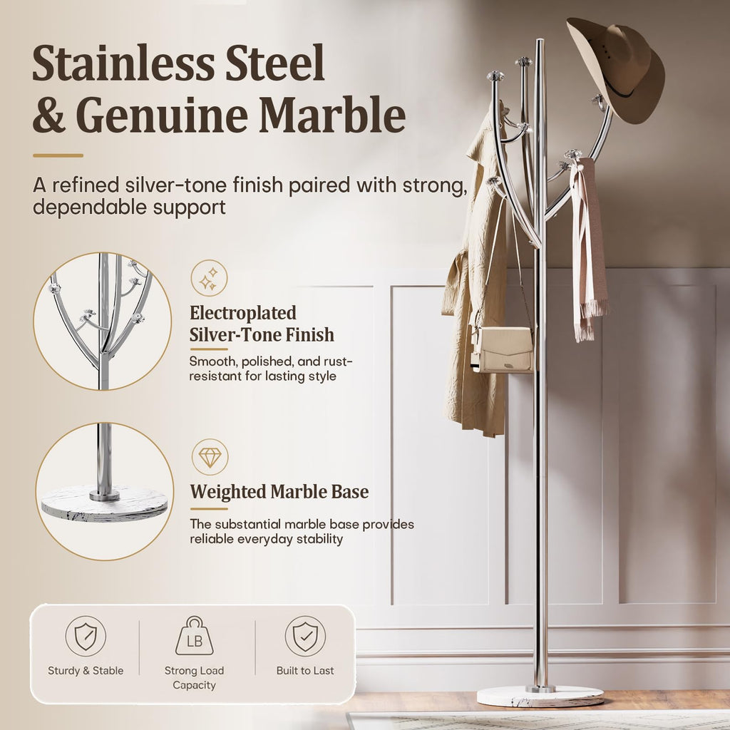 Homde Metal Coat Rack Stand with Natural Marble Base and 8 Hooks