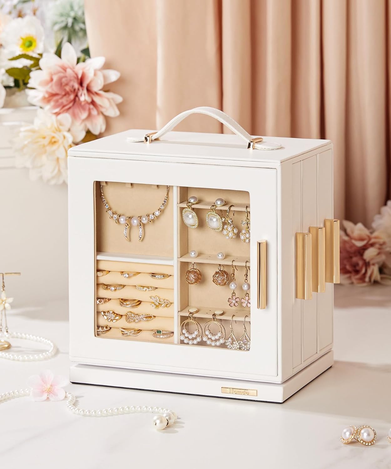 Homde 360° Rotating Jewelry Box with Mirror, 7 Drawers and Necklace Hooks