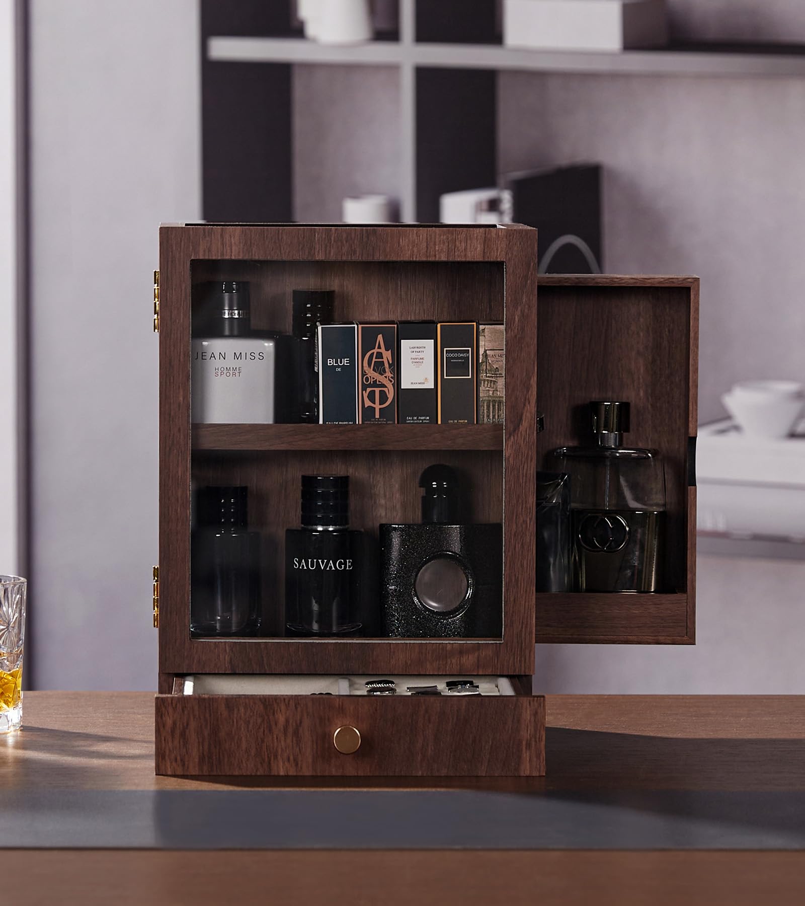 Homde Wooden Cologne Organizer with Drawers and Clear Display Window-Homde