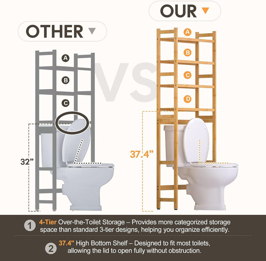 Homde Over The Toilet Storage Rack with Basket and Drawer, Adjustable 4-Tier Bamboo