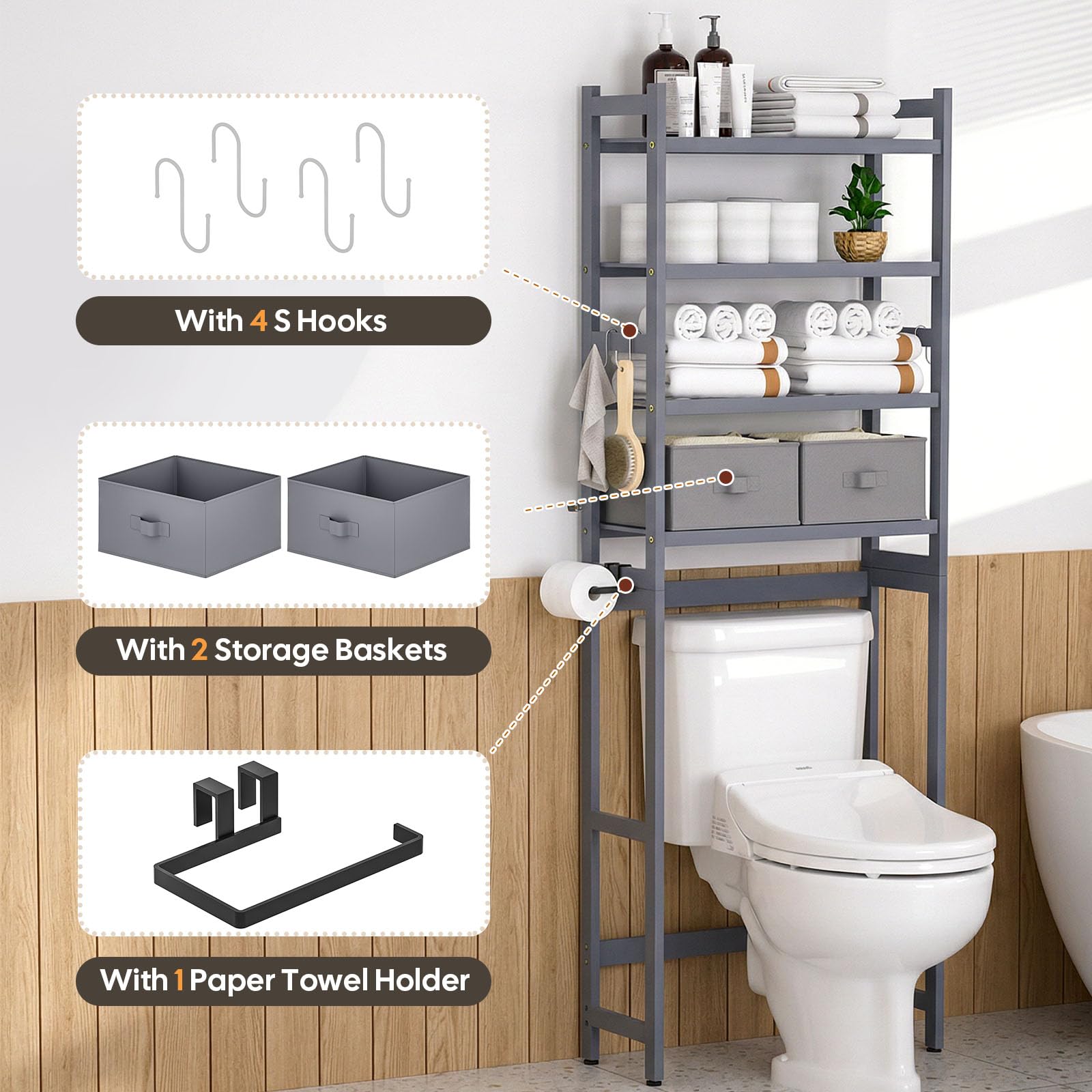 Homde Over The Toilet Storage Rack with Basket and Drawer, Adjustable 4-Tier Bamboo
