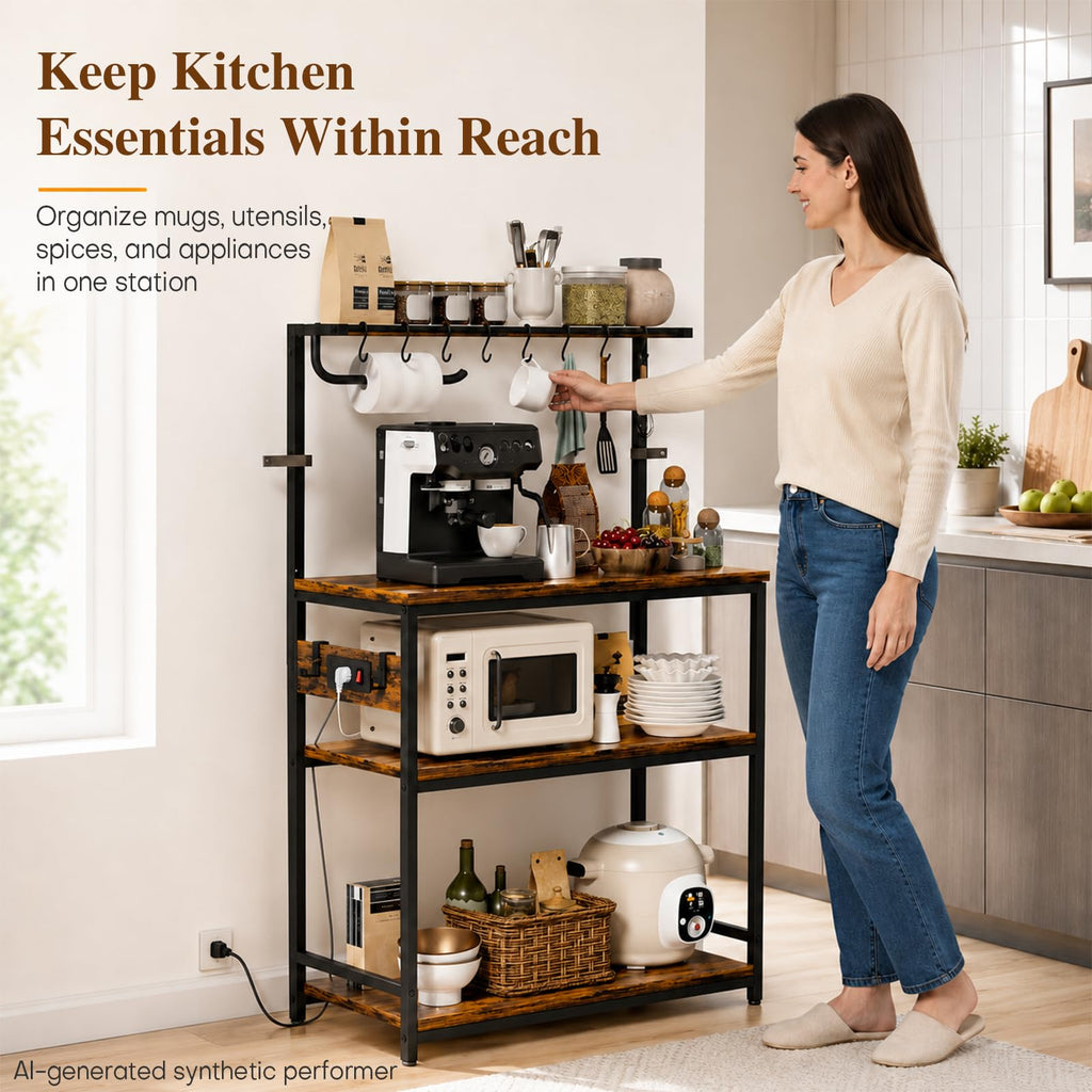 Homde Bakers Rack with Power Outlet: Adjustable 4-Tier Stand (Light Wood)