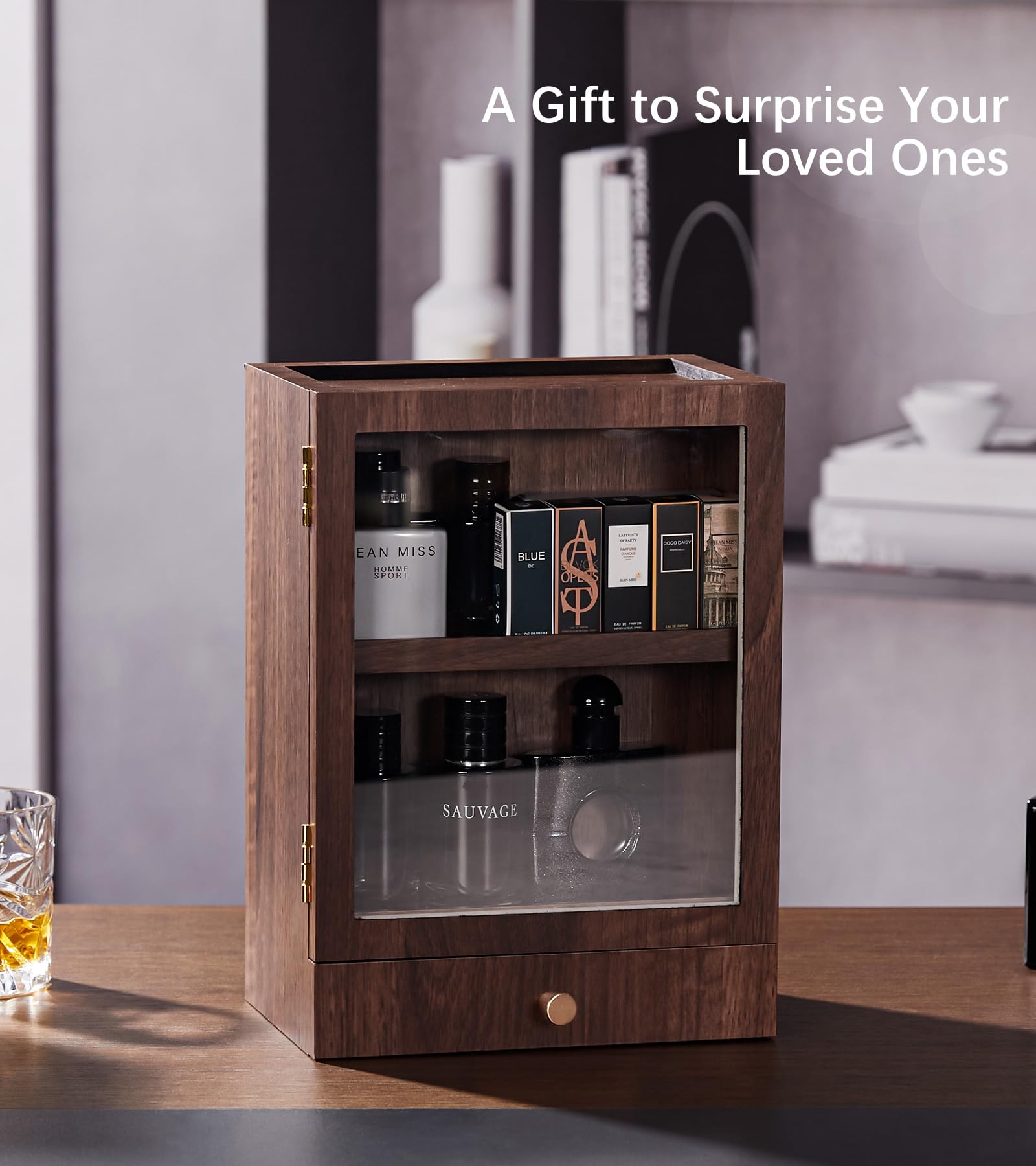 Homde Wooden Cologne Organizer with Drawers and Clear Display Window-Homde