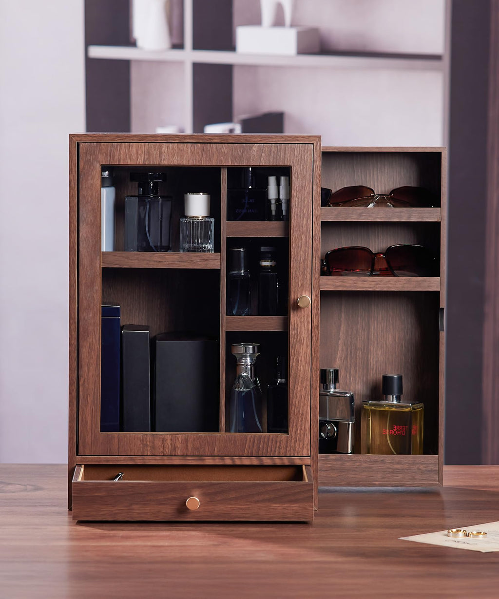 Homde Wooden Cologne Organizer with Drawers and Clear Display Window-Homde