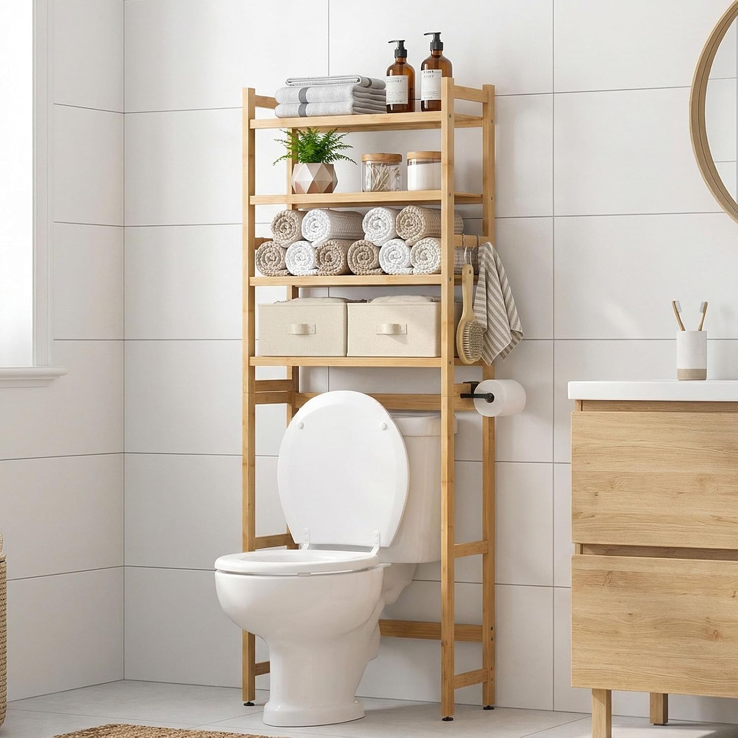 Homde Over The Toilet Storage Rack with Basket and Drawer, Adjustable 4-Tier Bamboo