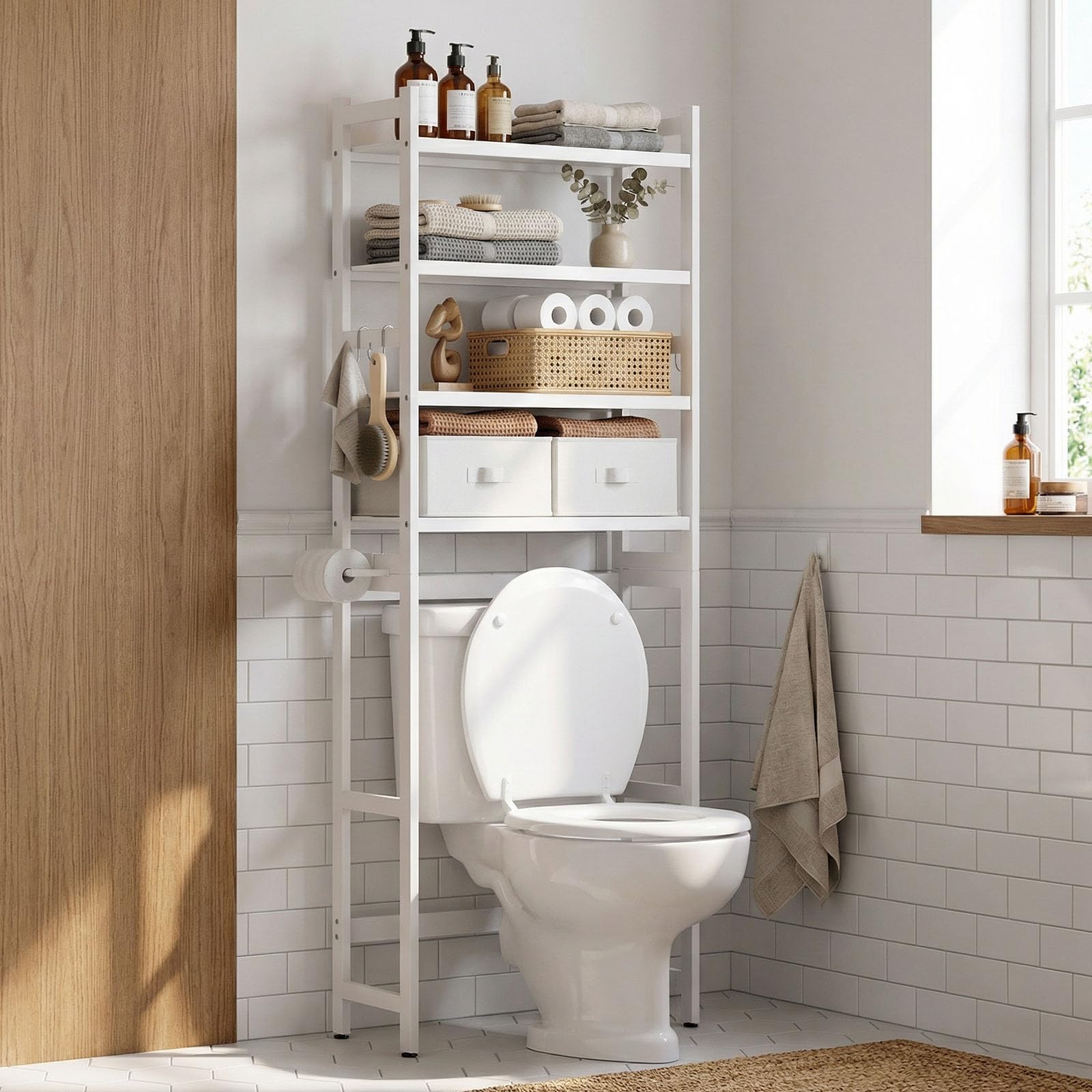 Homde Over The Toilet Storage Rack with Basket and Drawer, Adjustable 4-Tier Bamboo