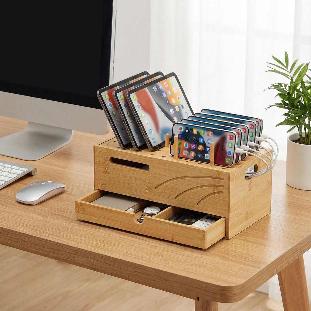 Homde Bamboo Charging Station Organizer with Drawer for Multiple Devices-Homde