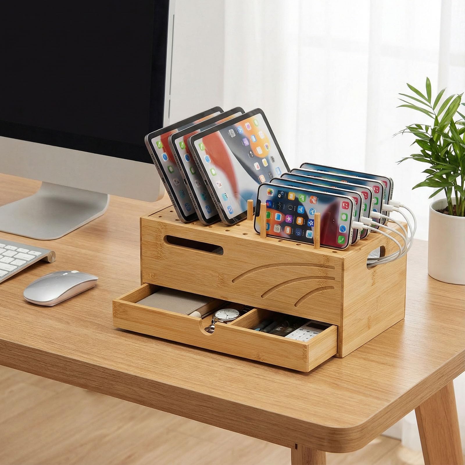 Homde Bamboo Charging Station Organizer with Drawer for Multiple Devices-Homde