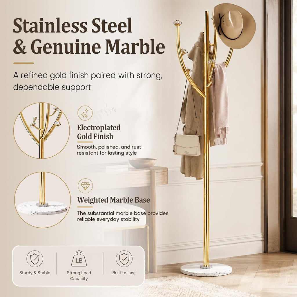 Homde Metal Coat Rack Stand with Natural Marble Base and 8 Hooks