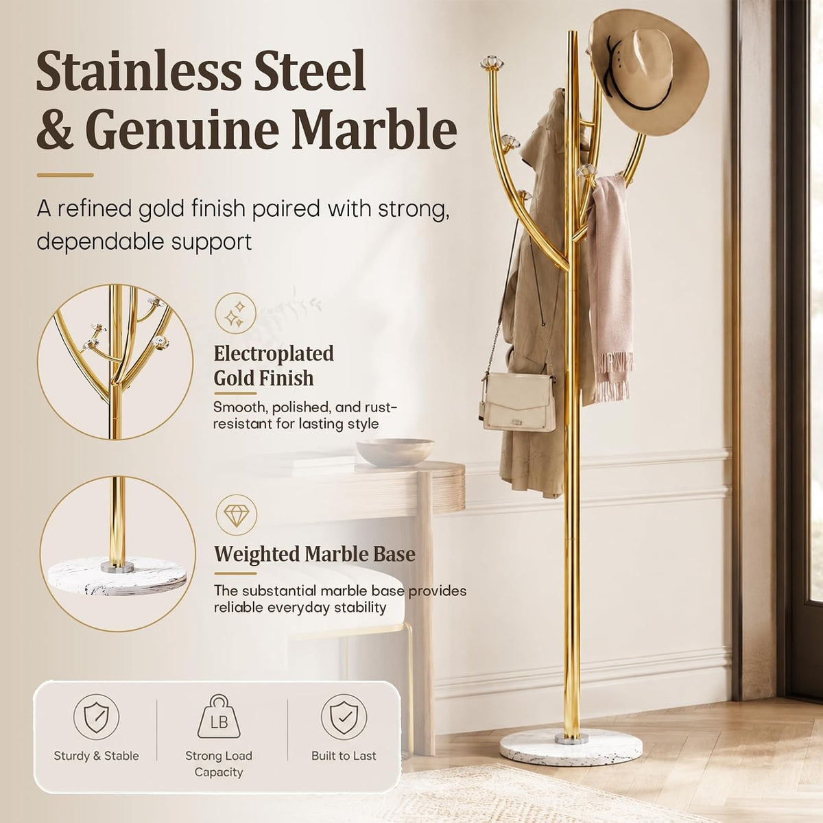 Homde Metal Coat Rack Stand with Natural Marble Base and 8 Hooks